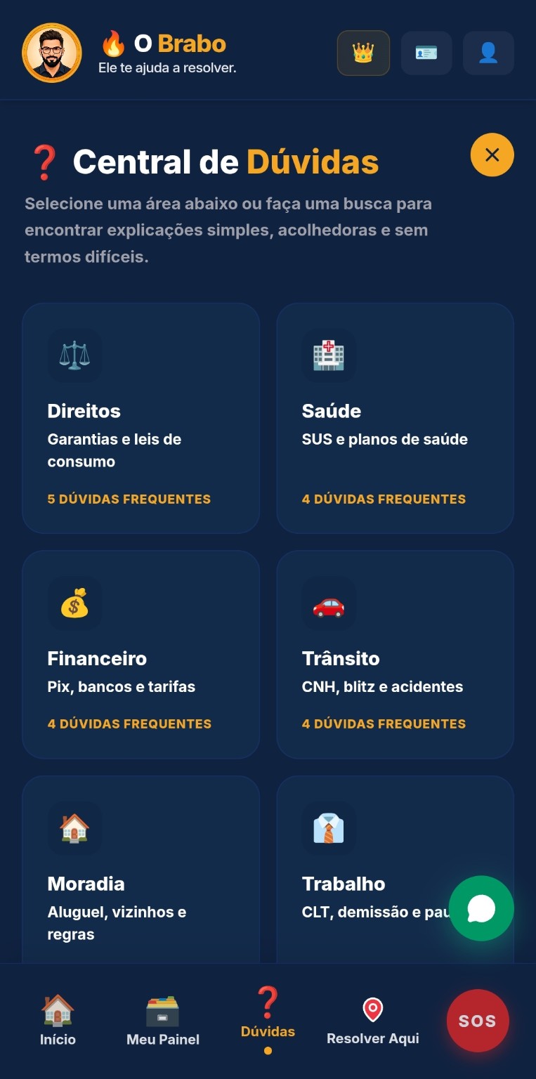Tela da Central de Dúvidas