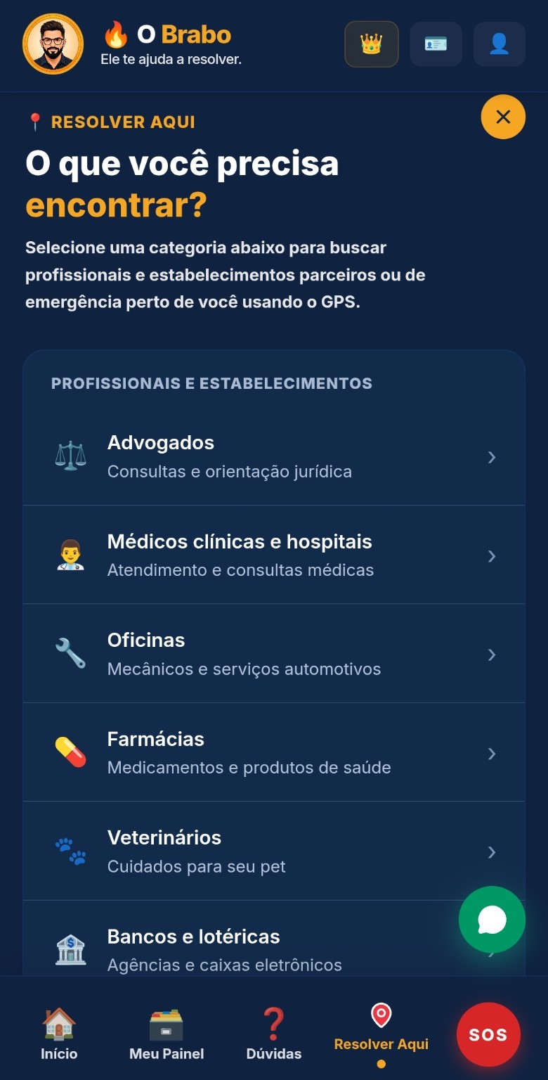 Categorias de profissionais e estabelecimentos no aplicativo Chama o Brabo