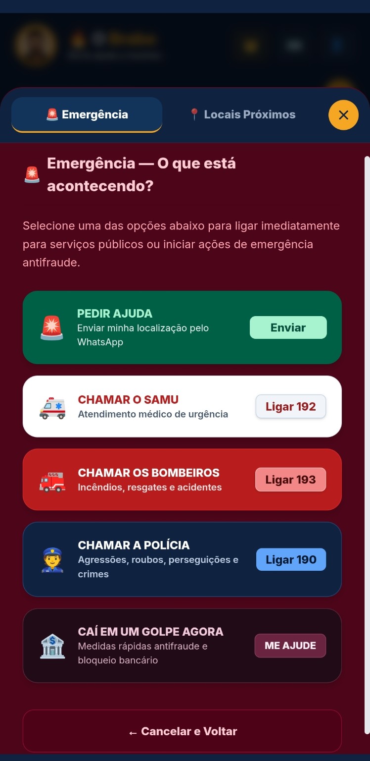 Tela SOS do aplicativo Chama o Brabo com serviços de emergência